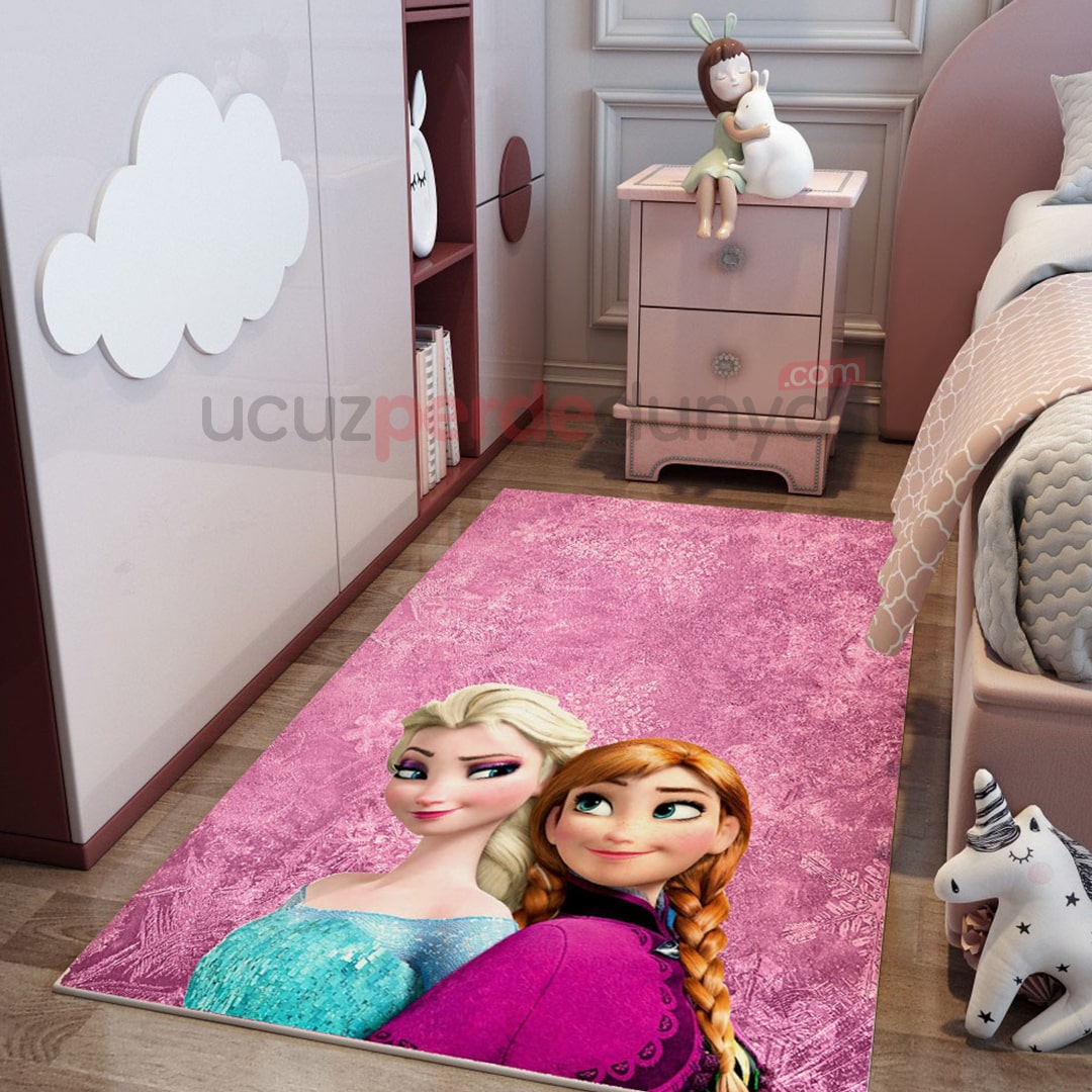 Pembe Elsa Frozen ve Anna Çocuk Odası Halı
