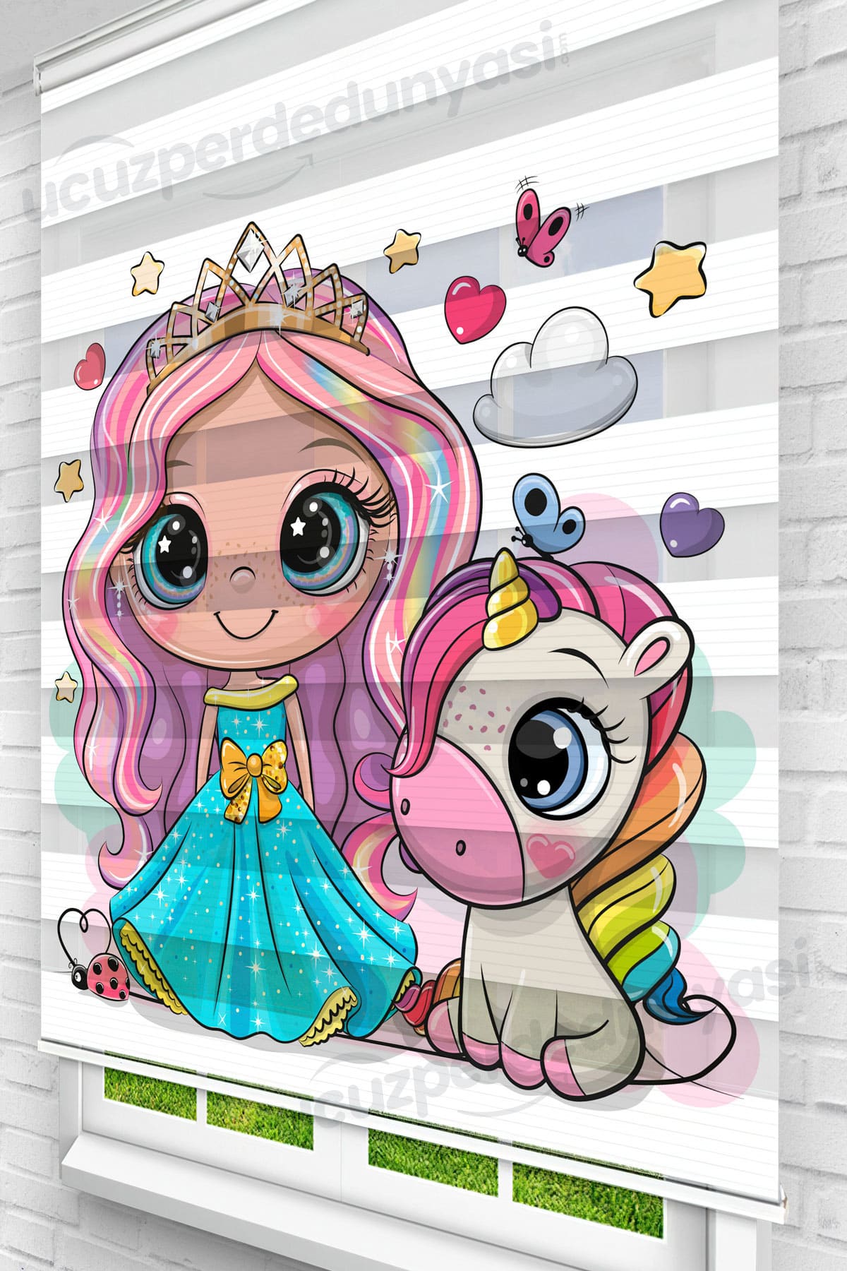 Renkli Saçlı Prenses ve Unicorn Çocuk Odası Zebra Perde