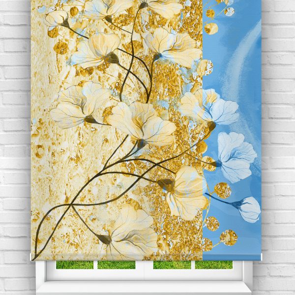 Gold Mavi Çiçekler Genç Odası Stor Perde